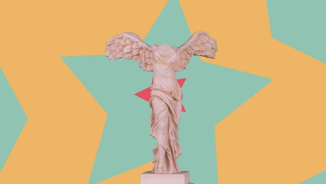stars background moving speedy, nike statue of antique greek turning on foreground