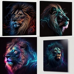 powerful lion with neon lights