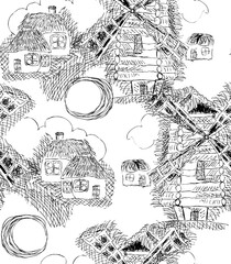 Graphic old town on white background. Seamless pattern for wallpapers.