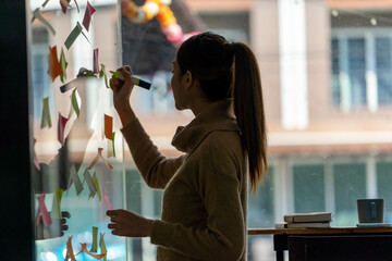 Businesswomen use post-it notes on glass walls to write strategy business plans to development grow...