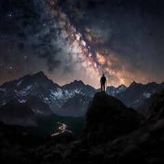 Journey into the Unknown: Lone Hiker Ventures into the Wilderness with Milky Way Night Sky as the Enchanting Companion. Generative AI 