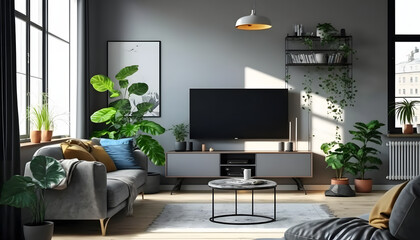 Elegant living room with light wooden floor, grey couch and wing back chair and big tv on the wall