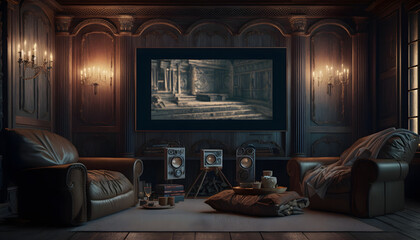 Modern interior, Home theater room 3D render