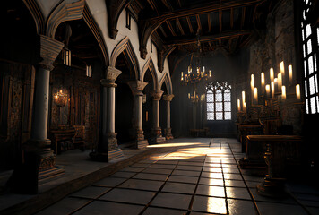 interior of medieval church, great hall, generative ai