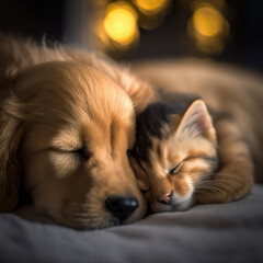 A kitten and a baby golden retriever sleep together
