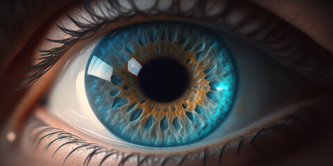 The human eye , with its intricate details and vivid colors. a blue eye reveals the complexity of the structures that make up the organ, from its eyelashes to its iris and pupil, generative ai