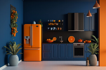 Modern style orange kitchen interior design with dark blue wall. Idea for interior design. AI	