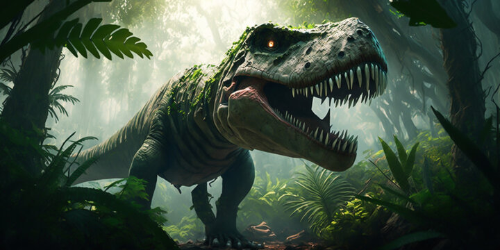 A Tyrannosaurus Rex roams the jungle, generative ai