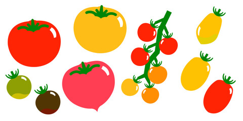 いろいろな種類のトマトのシンプルなベクターイラストのセット