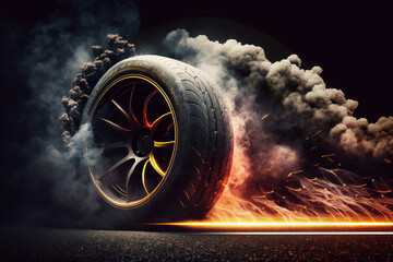 Black color tires the car with a great profile that illuminates the smoke,  Generative AI	 - obrazy, fototapety, plakaty