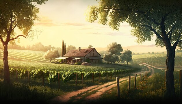 Winery with beautiful scenery of the field and a farm house in the background 
