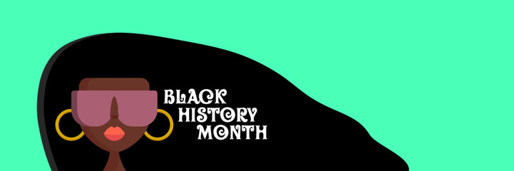 Black history month horizontal banner with afro American woman with long hair isolated on green background. Vector Black history month poster, flyer, background with pretty african young model