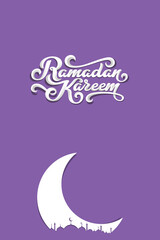 Fototapeta na wymiar Ramadan Kareem greeting beautiful english roman lettering for banner greeting creative layout islamic crescent eid purple background 