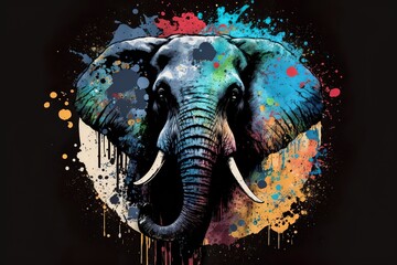Portrait of an elephant in a colorful splash paint circle