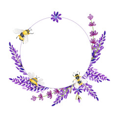 Watercolor Lavender Wreath, Frame. Watercolor Illustration of Spring Lavender Wreath and Bees. Blank Template for Postcards, Invitations and Greetings.