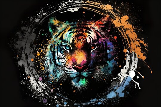 Portrait of a ferocious tiger in a colorful splash paint circle