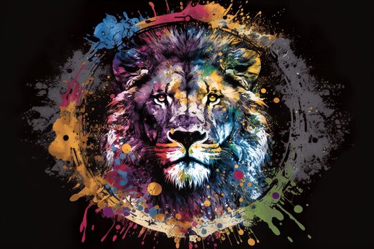 Portrait of a majestic lion in a colorful splash paint circle