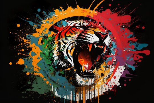 Portrait of a ferocious roaring tiger in a colorful splash paint circle