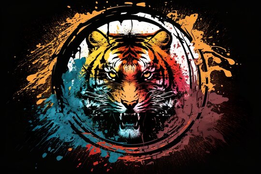 Portrait of a ferocious tiger in a colorful splash paint circle