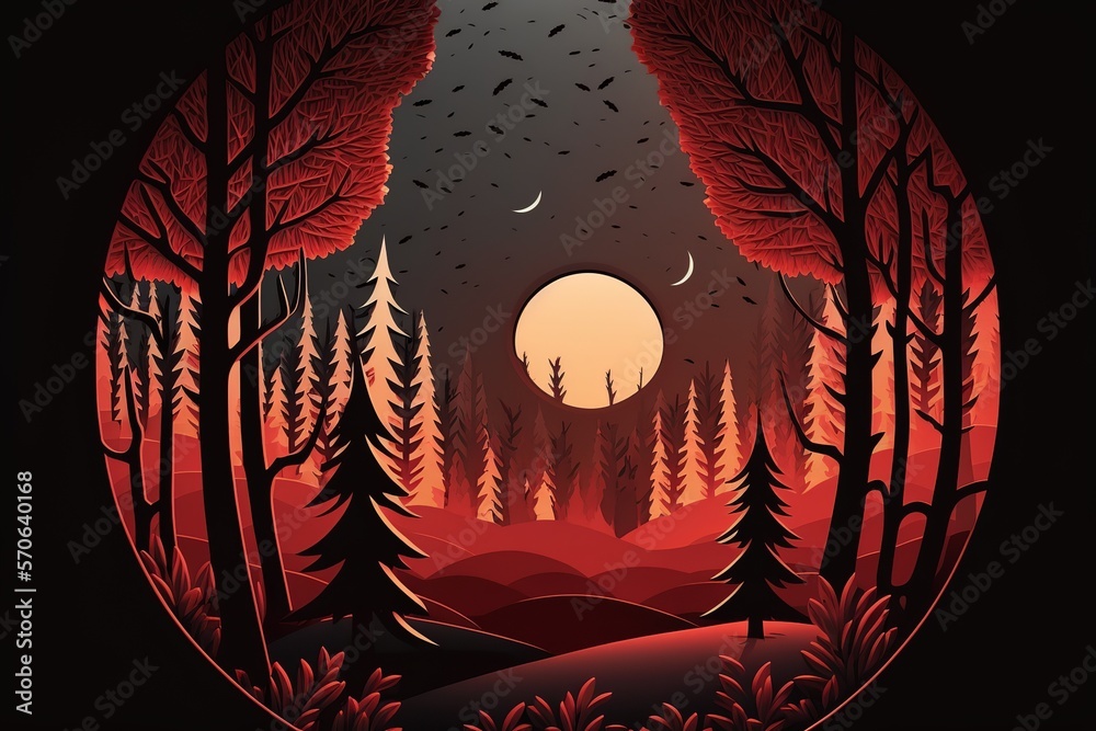 Wall mural beautiful forest silhouette with trees and full moon in a circle with red gradient color