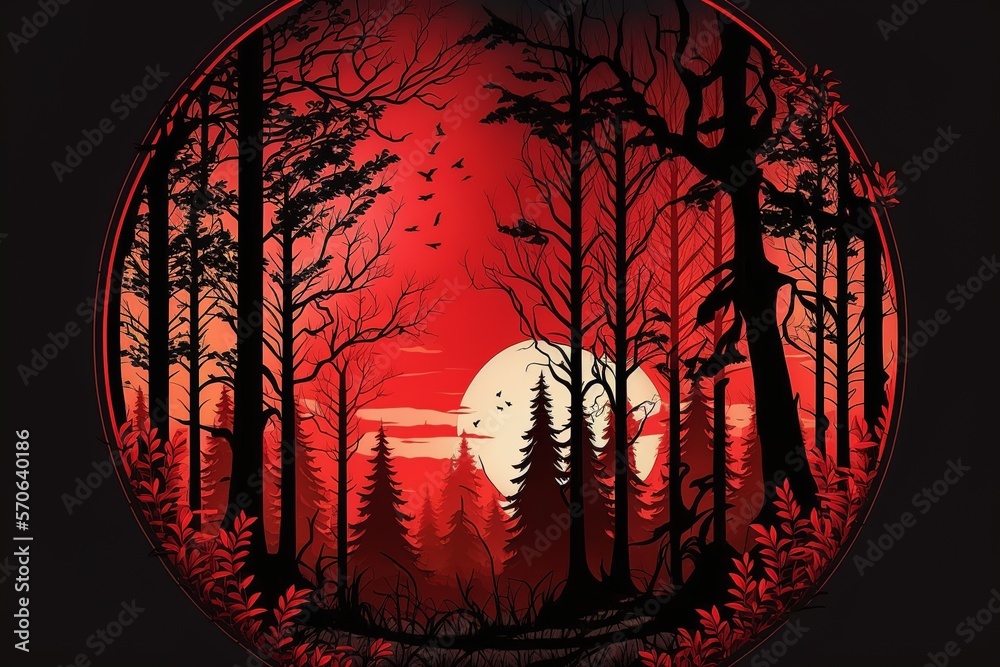 Wall mural beautiful forest silhouette with trees and full moon in a circle with red gradient color