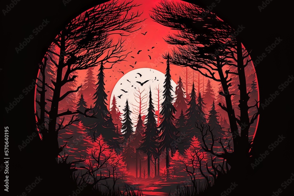 Wall mural beautiful forest silhouette with trees and full moon in a circle with red gradient color