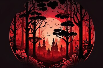 Beautiful forest silhouette with trees and full moon in a circle with red gradient color