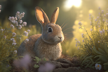 Fototapeta na wymiar A Funny Bunny at the Woods Illustration, AI Generative 