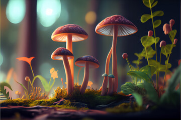Glowing mushrooms in a fairy forest. The magic world of mushrooms. High quality ai generated illustration.