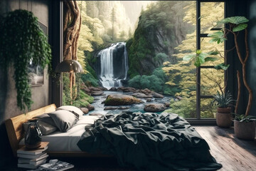 bedroom in a lush forest, stream and waterfall in the background. Idea for interior design. AI
