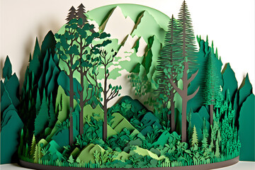 Forest Plant Banner Green Papercut Diorama. Origami Tree. Generative AI.