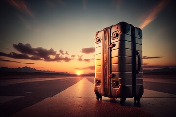 A suitcase in foreground with an airplane as background at sunset in the middle of the runway. Travelers with problems with the airlines because of the baggage. Generative ai
