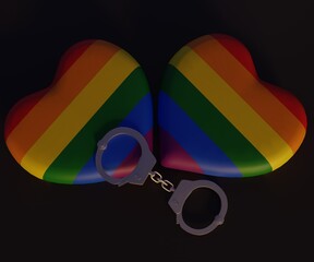 Rainbow gay pride flag in heart shape with handcuffs 3d rendering