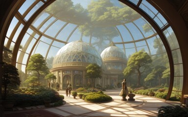 Fototapeta premium A large glass dome covers the summer garden. futuristic architecture.