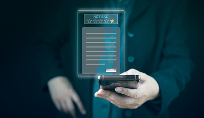Feedback rating and positive customer review experience, mental health assessment. Customer satisfaction review of business service quality. User survey, opinion and questionnaire, digital check rate.