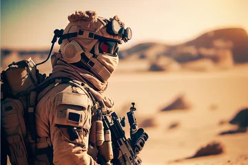 Tuinposter Male in uniform of Tactical Soldier units with weapon. Soldier in squad desert camouflage with gun in desert. High quality ai generated illustration. © Imaginarium_photos