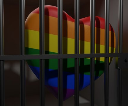 jailed rainbow love. LGBT pride flag heart shape behind the bar 3d rendering