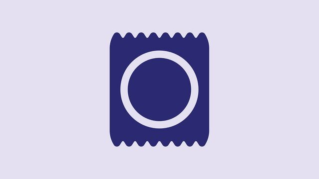 Blue Condom in package icon isolated on purple background. Safe love symbol. Contraceptive method for male. 4K Video motion graphic animation