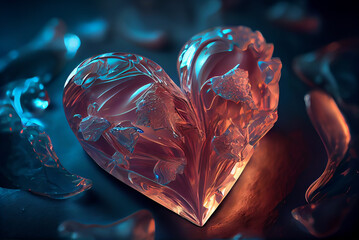 A beautiful piece of ice in the shape of a heart, in neon light, close-up