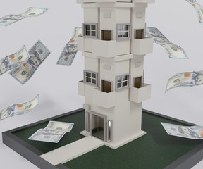 Apartment building on top of stack of money US dollar bill. 3d rendering
