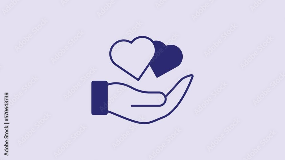 Sticker Blue Heart in hand icon isolated on purple background. Hand giving love symbol. Valentines day symbol. 4K Video motion graphic animation