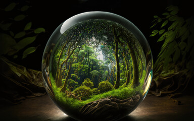 Glass ball in nature concept for environment and conservation.save a clean planet, ecological concept. Generative AI