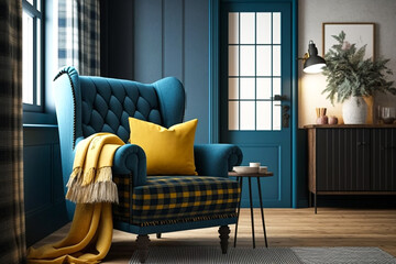 Interior design of living room with blue armchair and yellow plaid. Rattan furniture in room with paneling wall. Farmhouse or boho style home interior. Idea for interior design. AI