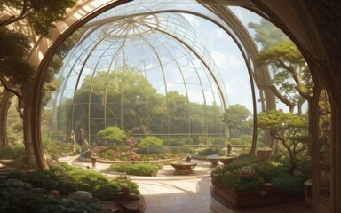 A large glass dome covers the summer garden. futuristic architecture.