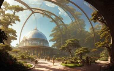 Obraz premium A large glass dome covers the summer garden. futuristic architecture.