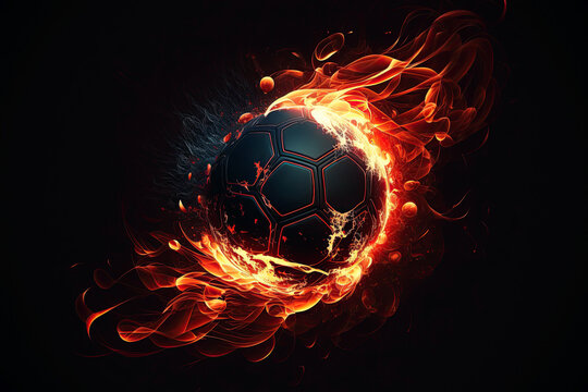 Burning flying soccer ball on fire with sparks on a dark background. Generative AI