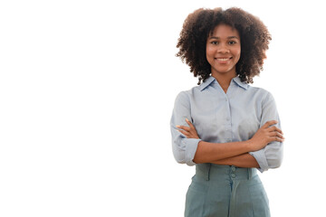 Front view of African American businesswoman smiling with crossed arms looking at camera on white background. with clipping path.