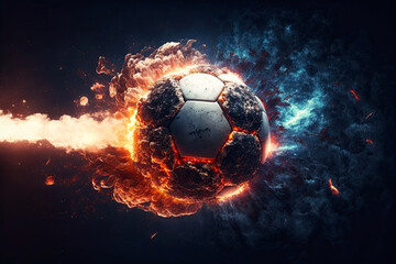 Fototapeta premium Fast flying burning soccer ball on fire with sparks on a black background. Generative AI