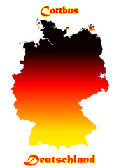 Obraz premium Deutschlandkarte Flagge mit der Stadt Cottbus als Stern