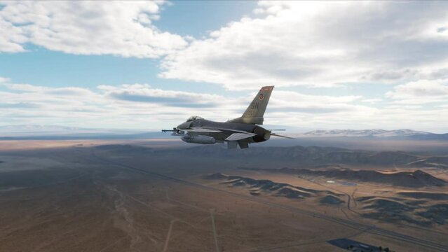 F-16 Falcon fighter jet flying over a desert landscape armed with bombs